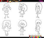 Black and White Cartoon Illustration of School or Preschool Age Girls Children Characters Set for Coloring Book