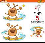 Cartoon Illustration of Finding Differences Educational Task for Preschool Children with Surfing Dog