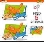 Cartoon Illustration of Finding Differences Educational Task for Preschool Children with Running Cats