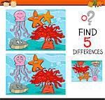 Cartoon Illustration of Finding Differences Educational Task for Preschool Children with Sea Life Animal Characters