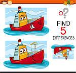 Cartoon Illustration of Finding Differences Educational Task for Preschool Children with Container Ship Transport Character