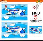 Cartoon Illustration of Finding Differences Educational Task for Preschool Children with Plane Transport Character