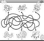 Black and White Cartoon Illustration of Educational Paths or Maze Puzzle Task for Preschool Children with Insect Characters Coloring Book