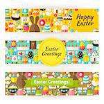 Easter Greetings Template Banners Set in Modern Style. Flat Design Vector Illustration of Brand Identity for Spring Promotion. Religious Holiday Colorful Pattern for Advertising.