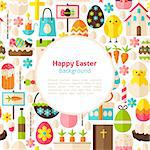 Happy Easter Background. Flat Style Vector Illustration for Spring Religious Holiday Promotion Template. Colorful Objects for Advertising. Greeting Postcard with Text.