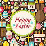 Pattern Happy Easter Background. Flat Style Vector Illustration for Spring Religious Holiday Promotion Template. Colorful Objects for Advertising.