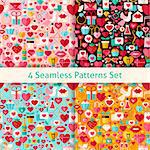 Four Valentine Day Seamless Patterns Set. Wedding Flat Design Vector Illustration. Background. Set of Love Holiday Items.