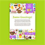 Happy Easter Invitation Template Poster. Flat Design Vector Illustration of Brand Identity for Spring Religious Holiday Promotion. Colorful Pattern for Advertising.