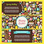 Happy Easter Horizontal Banners Set. Flat Design Vector Illustration of Brand Identity for Spring Religious Holiday Promotion. Colorful Pattern for Advertising.