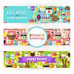 Happy Easter Template Banners Set Modern.  Flat Design Vector Illustration of Brand Identity for Spring Promotion. Religious Holiday Colorful Pattern for Advertising.