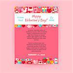 Happy Valentine Day Invitation Template Flyer. Flat Design Vector Illustration of Brand Identity for Wedding Promotion. Love Holiday Colorful Pattern for Advertising.
