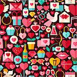 Valentine Day Dark Seamless Pattern. Love Flat Design Vector Illustration. Tile Background. Set of Wedding Items.