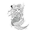 Vector Illustration of Little Mermaid Under the Sea Hand Drawn, Doodle Cartoon Character for Coloring