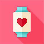 Smart Watch with Love Heart Sign Icon. Flat Design Vector Illustration with Long Shadow. Happy Valentine Day and Love Symbol.