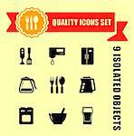 kitchen ware quality icon set with red tape