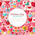 Flat Valentine Day Vector Pattern Background. Flat Style Vector Illustration for Love Wedding Promotion Template. Colorful Objects for Advertising. Greeting Postcard with Text.