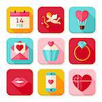 Happy Valentine Day Square App Icons Set. Flat Design Vector Illustration. Love Colorful Objects. Icons for Website and Mobile Application.