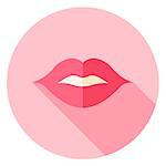 Kiss Sexy Lips Circle Icon. Flat Design Vector Illustration with Long Shadow. Happy Valentine Day and Love Symbol.