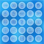 Line Web Virtual Reality Icons Set. Vector Collection of Modern Technology Thin Line Icons of Augmented Reality gadgets Circle Shaped over Blue Blurred Background.