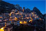 Scenic view of the mountain village of Castelmezzano at night, Lucanian Dolomites, Basilicata, Italy