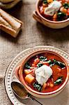 Hungarian goulash soup with spinach and crème fraîche