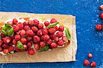 Bruschetta topped with wild strawberries, ricotta, basil and honey on a blue surface