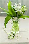 Fresh wild garlic with flowers in a glass of water