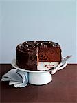 A chocolate Angel Cake on a cake stand, sliced