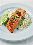 Grilled salmon with chilli and coriander on a bed of rice