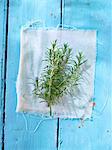 Fresh rosemary sprigs on a light blue wooden surface