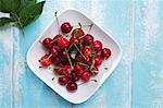 Fresh cherries on a plate (seen above)