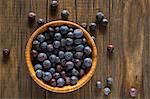 Blueberries in a wooden bowl (seen from above)