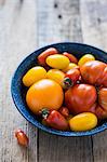 Maine Grown Tomatoes in a Bowl; Black Cherry, Sun Golds, Yellow Pear and Cherry; From Above