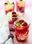 Vanilla ice cream with raspberries and mint in glasses