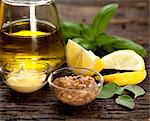 olive oil dressing ingredients with dijon mustard and wholegrain mustard with lemon basil and sage