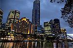Downtown skyline along the Yarra River at dusk, Melbourne, Victoria, Australia