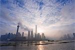 Skyscrapers on Lujiazui at morning, Pudong skyline, View from Northern Bund (Bei Waitang) over Huangpu river (Huangpujiang), Shanghai, PRC.