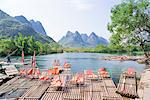 Rafts on Yulong river (Yulonghe), Gaotian village, Yangshuo, Guilin, Guanxi, PRC