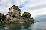 Chateau on the lake edge at the Medieval village of Yvoire, Lake Leman (Lake Geneva), Haute Savoie, Rhone-Alpes, France, Europe