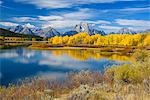 Mount Moran and the Teton Range from Oxbow Bend, Snake River, Grand Tetons National Park, Wyoming, United States of America, North America