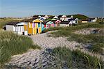 Colourful beach huts in sand dunes, Skanor Falsterbo, Falsterbo Peninsula, Skane, South Sweden, Sweden, Scandinavia, Europe