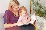 Woman and toddler daughter reading on living room sofa