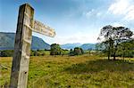 Wooden public footpath signpost in rural Lake District, Ullswater, England