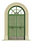 Old green front door with stone portal isolated om white - 3D Rendering