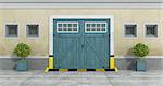 Old facade with blue car wooden garage and little windows with grate - 3D Rendering