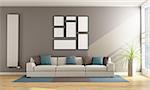 Contemporary living room with sofa, vertical radiator and blank frame on wall - 3D Rendering