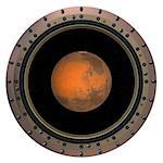 Red Planet In The Spacecraft Porthole. 3D Scene.