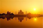 Panoramic view of Taj Mahal at sunset with reflection, Agra, Uttar Pradesh, India.