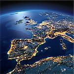 Night planet Earth with precise detailed relief and city lights illuminated by moonlight. Part of Europe, the Mediterranean Sea. Elements of this image furnished by NASA