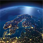 Night planet Earth with precise detailed relief and city lights illuminated by moonlight. Europe. Scandinavia. Elements of this image furnished by NASA